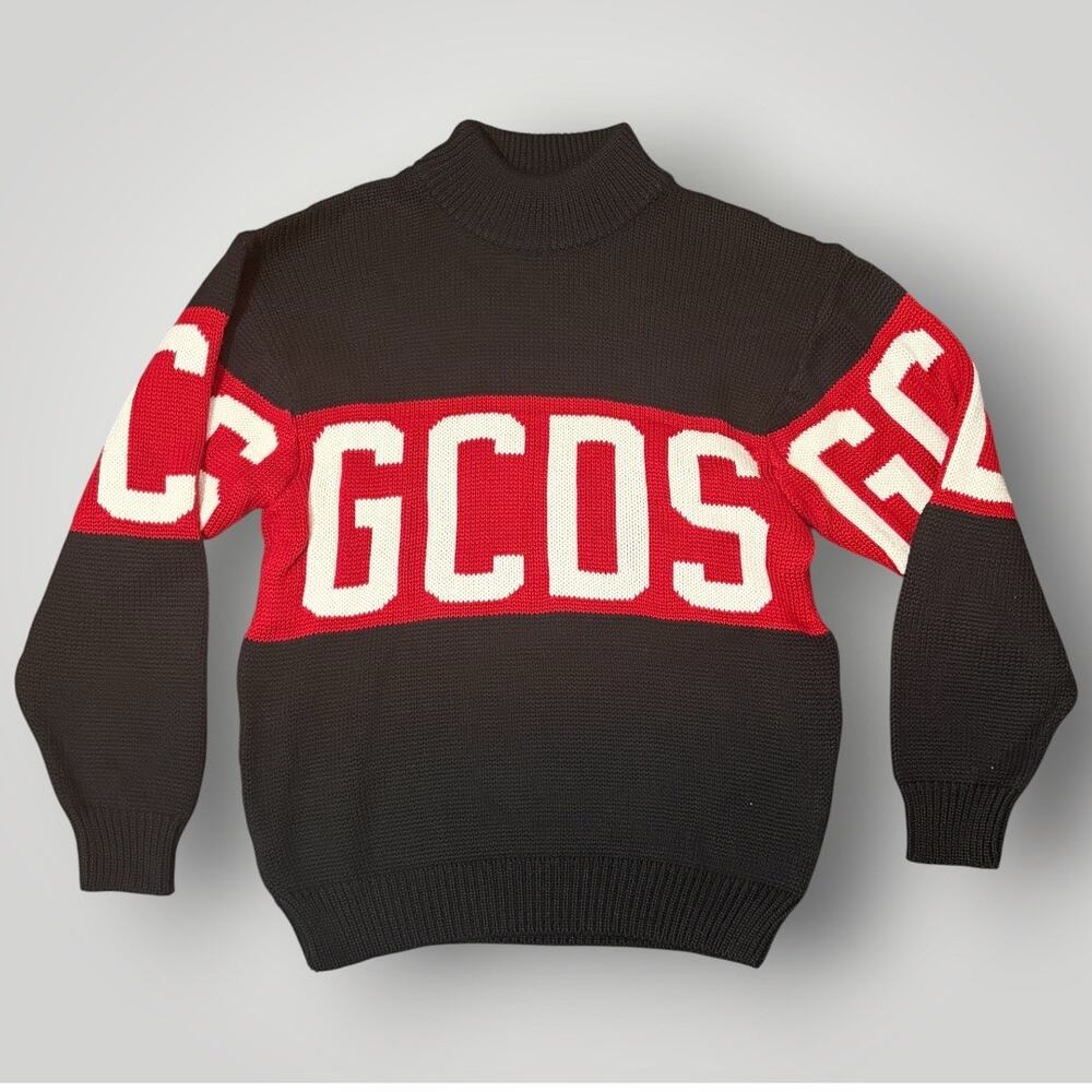 GCDS Made In Italy Chunky Intarsia Knit Spellout Logo Mock Neck Sweater Black S